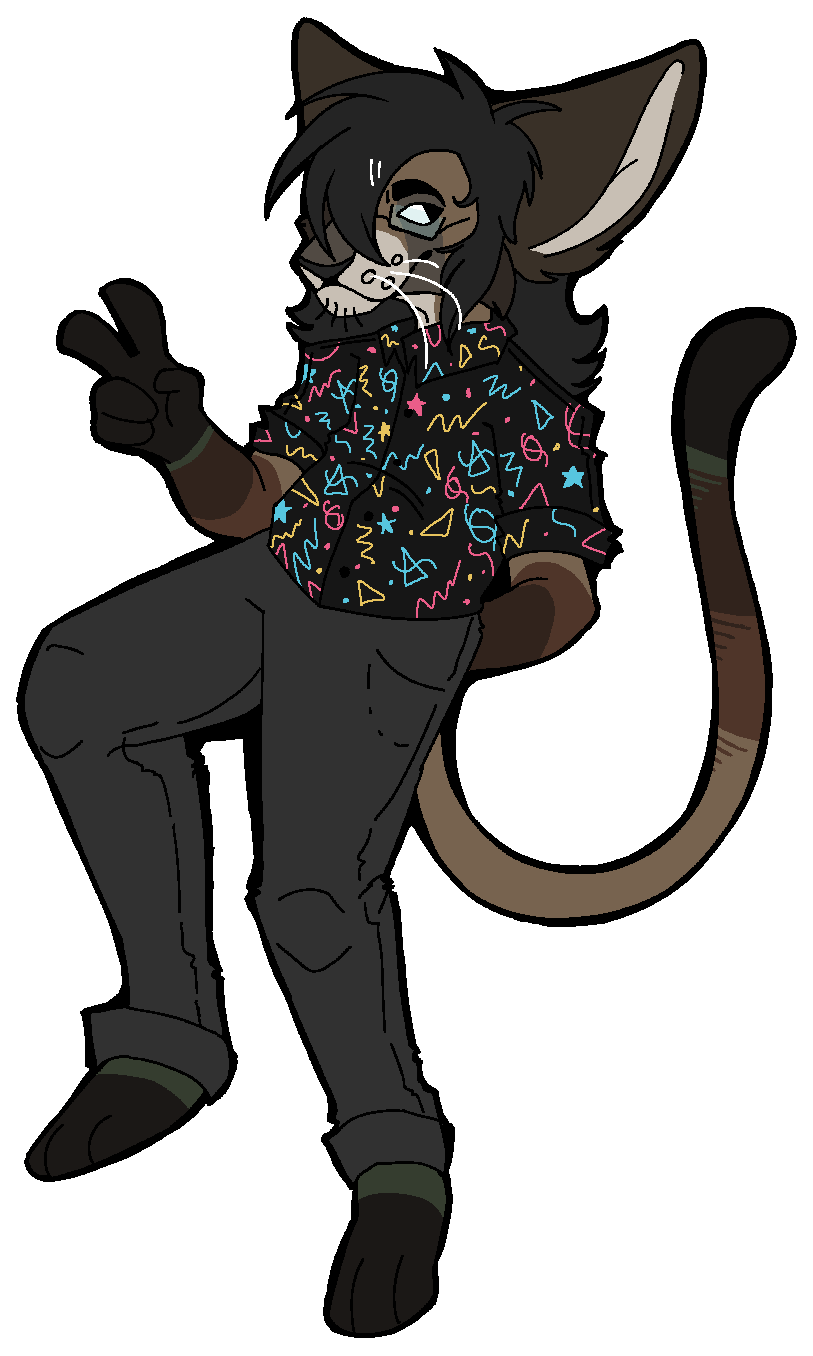 A fullbody pixel drawing of a brown and cream colored oriental short hair fursona with medium length black hair and glasses wearing a black arcade carpet patterned button up and grey pants sitting with his right arm up with a peace sign