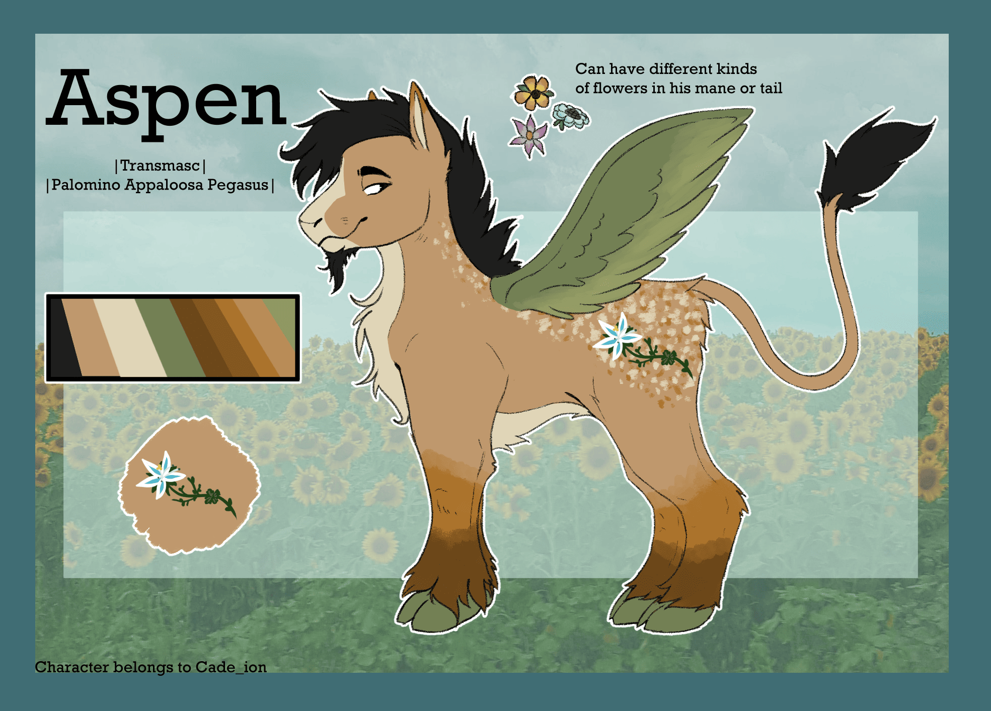 a reference sheet of my pony sona aspen with a black mane, light brown fur, and a flower cutiemark