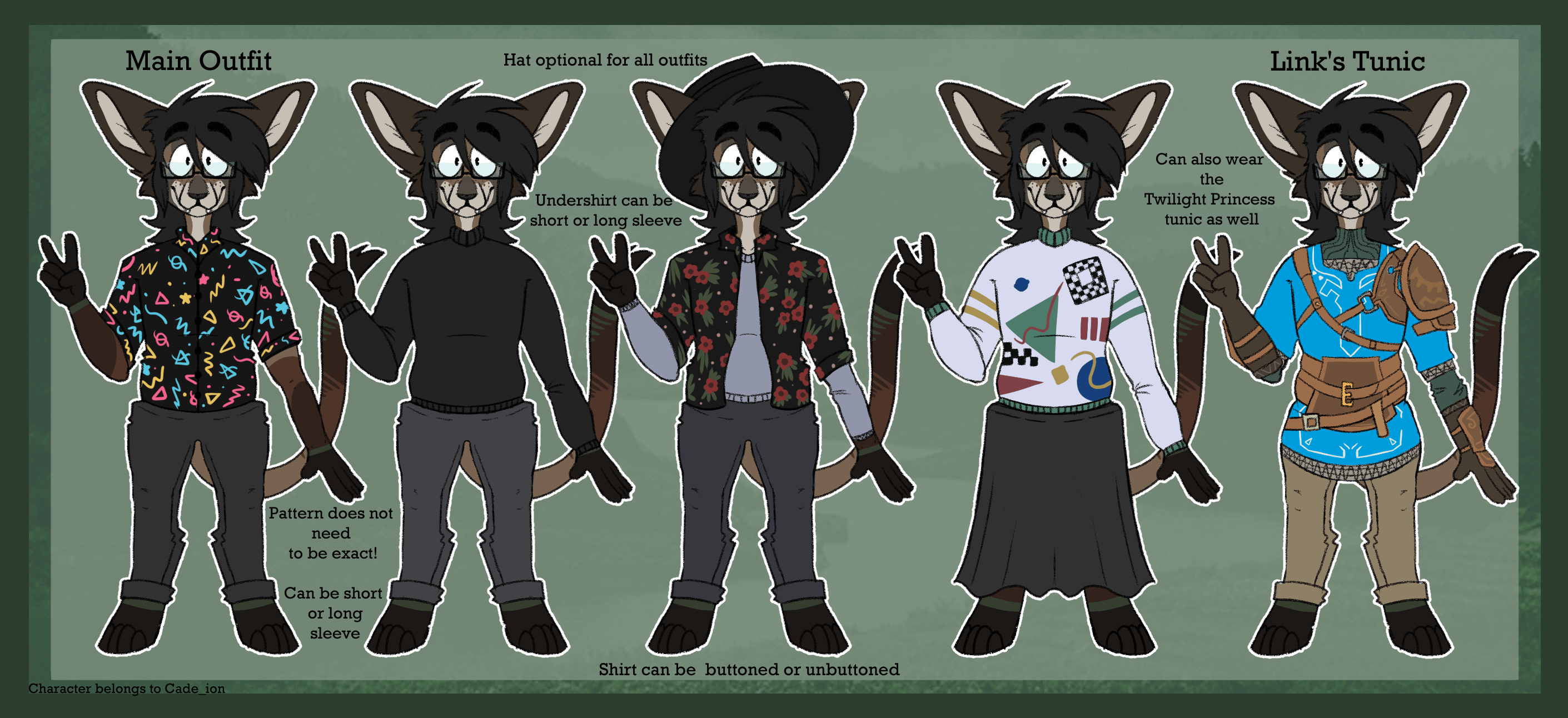 a reference sheet of my brown and tan oriental shorthair with long black hair cade wearing different outfits