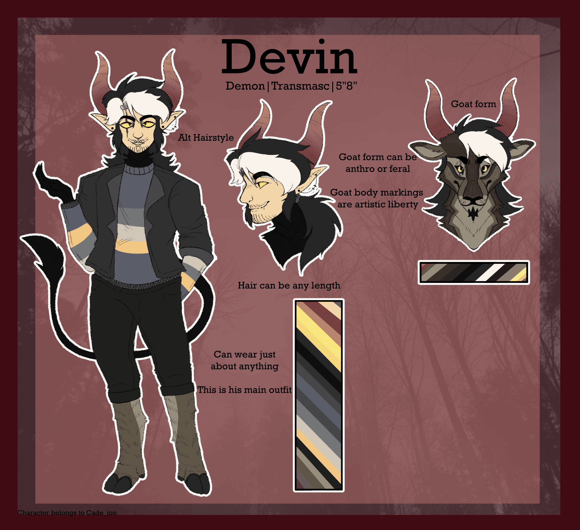 a reference sheet of my secondary sona devin with a goat form bust and a drawing showing his main demon design with red horns, long black hair, and a grey sweater