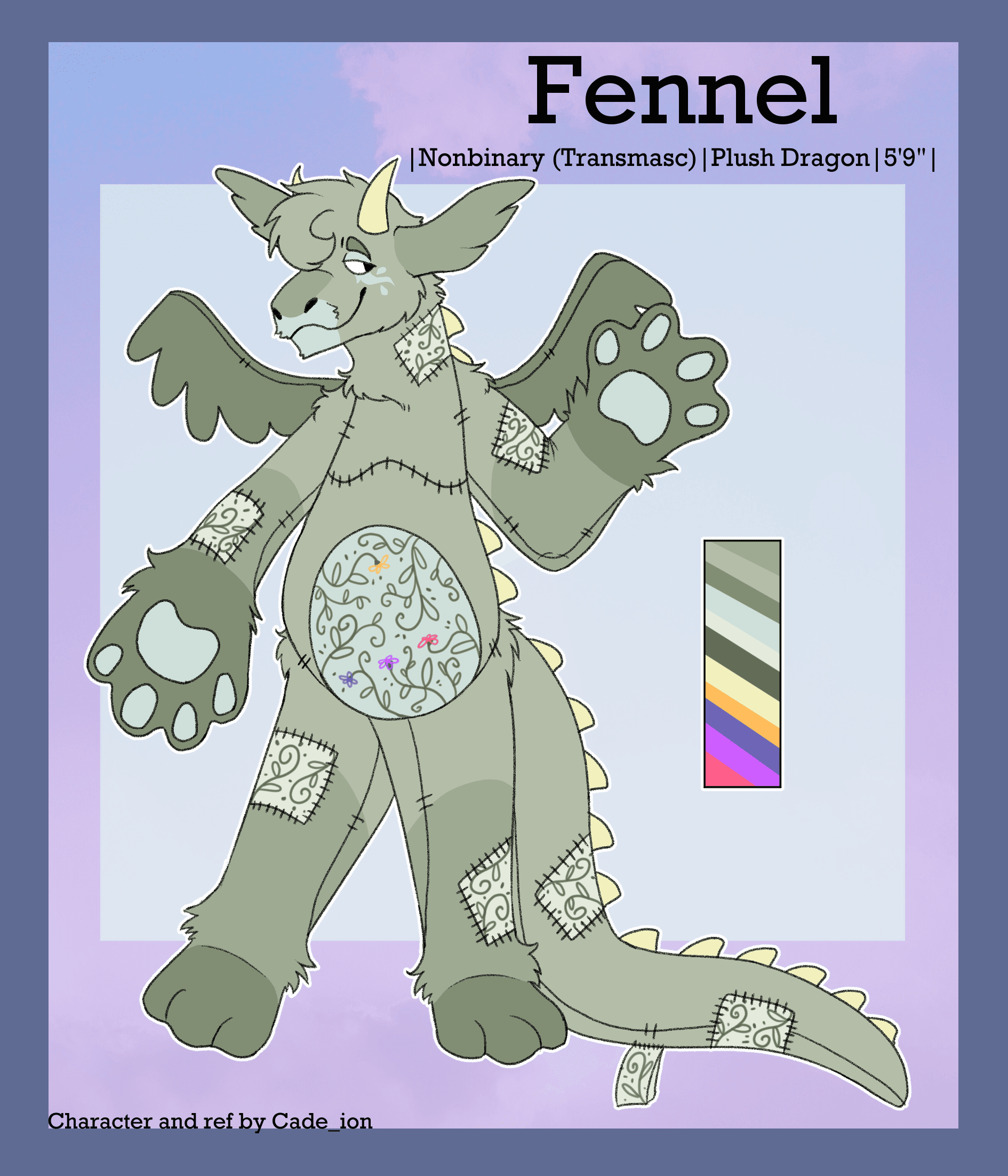 a reference sheet of my seafoam green plush dragon comfort sona with floral patches