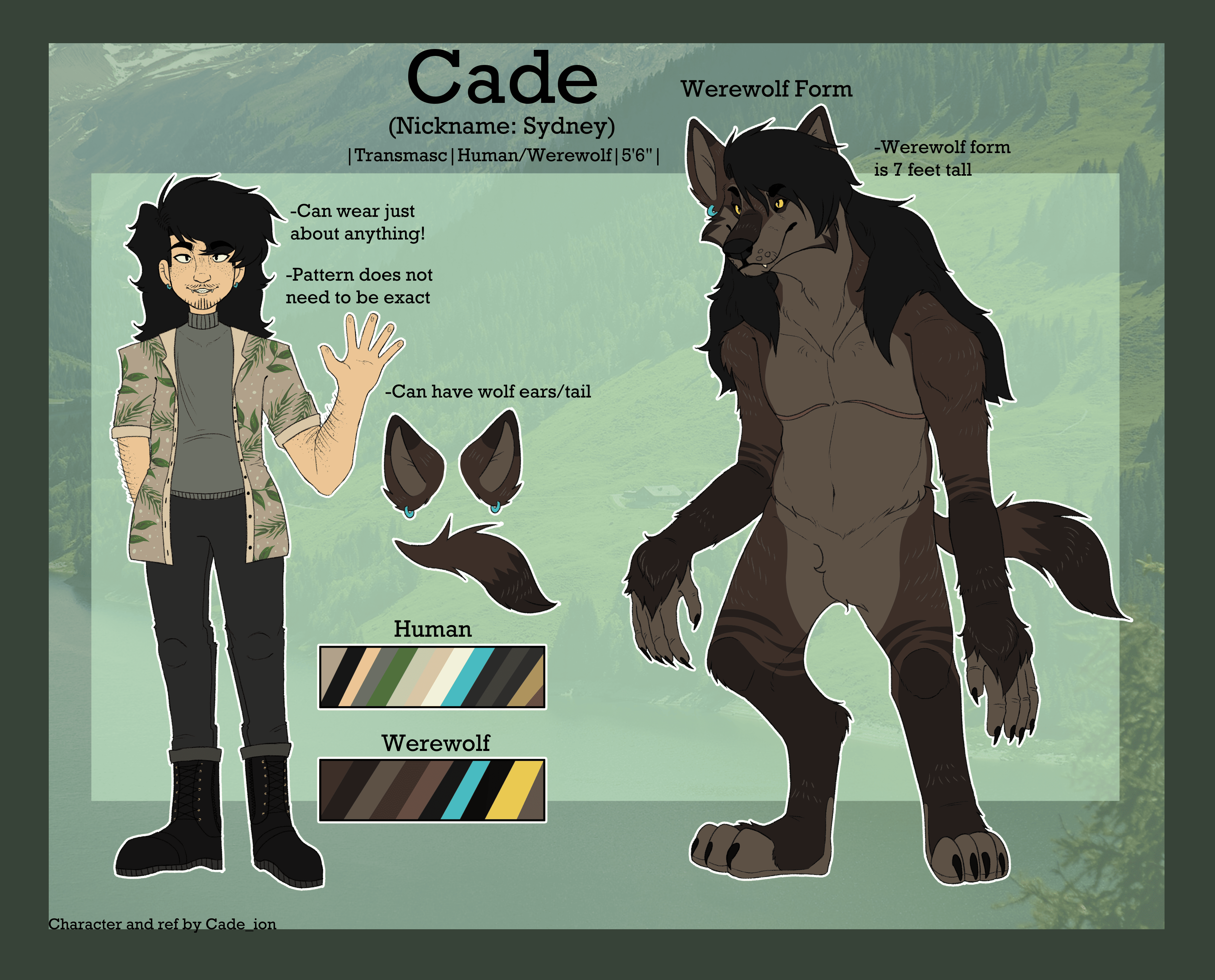 a reference sheet of my persona cade aka sydney with a drawing of him in a button up and a drawing of a brown tall werewolf form