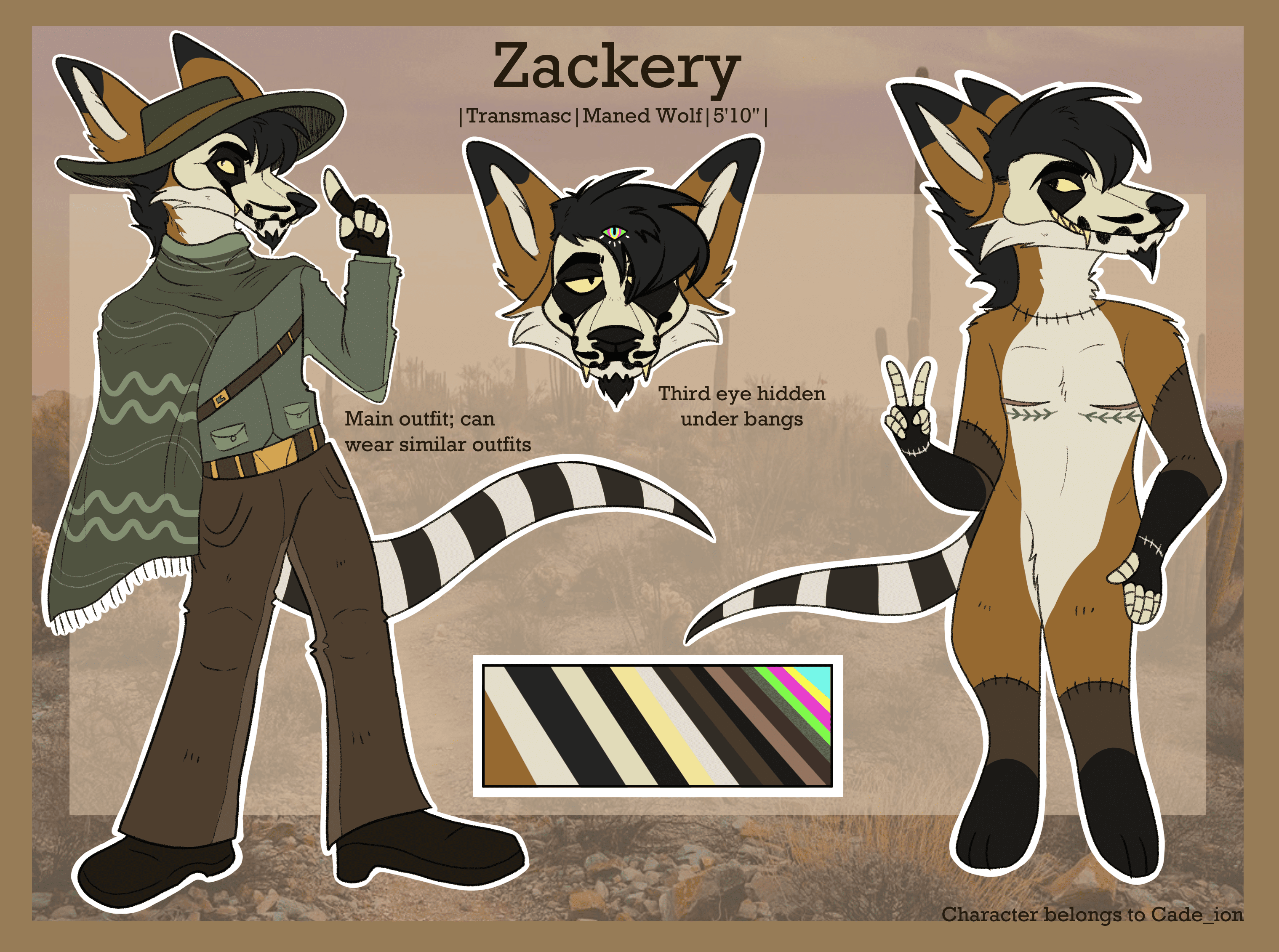 a reference sheet of my undead maned wolf oc zackery, wearing a green button up, green widebrimmed hat, and dark green striped cloak.