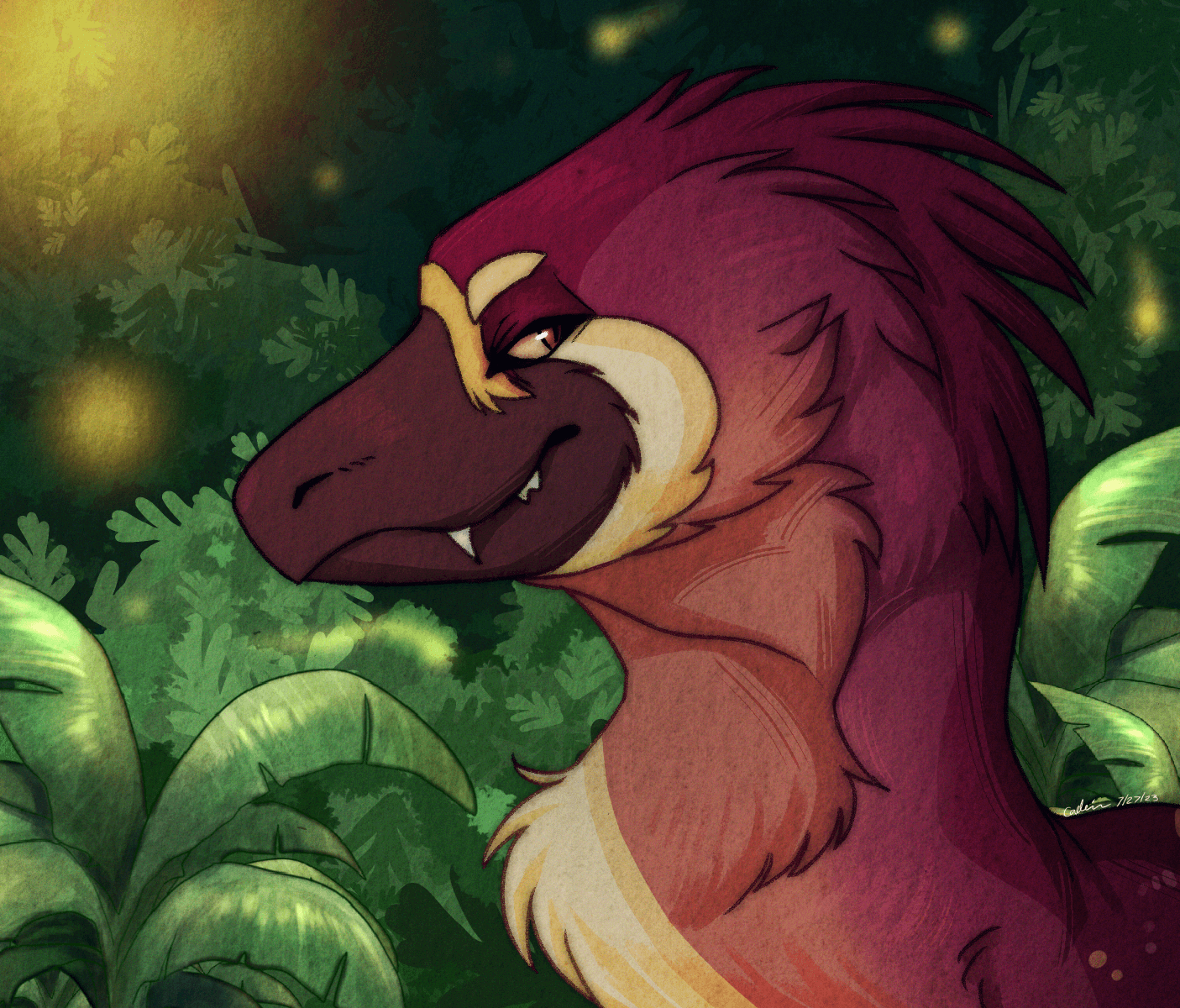 A side profile drawing of a pink and yellow raptor infront of a forest of dark green leaves