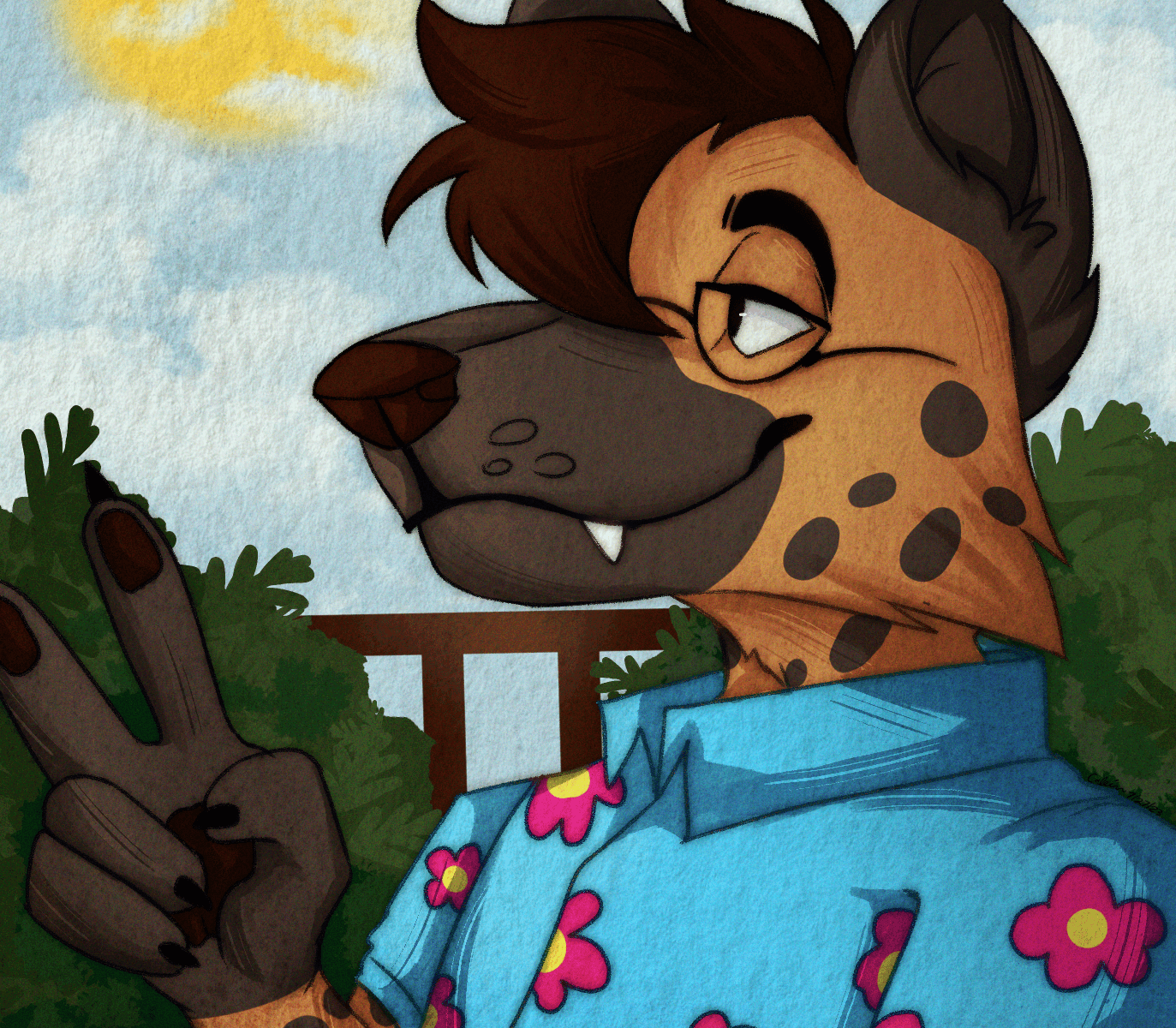 A drawing of a hyena in a button up with glasses outside during a bright sunny day
