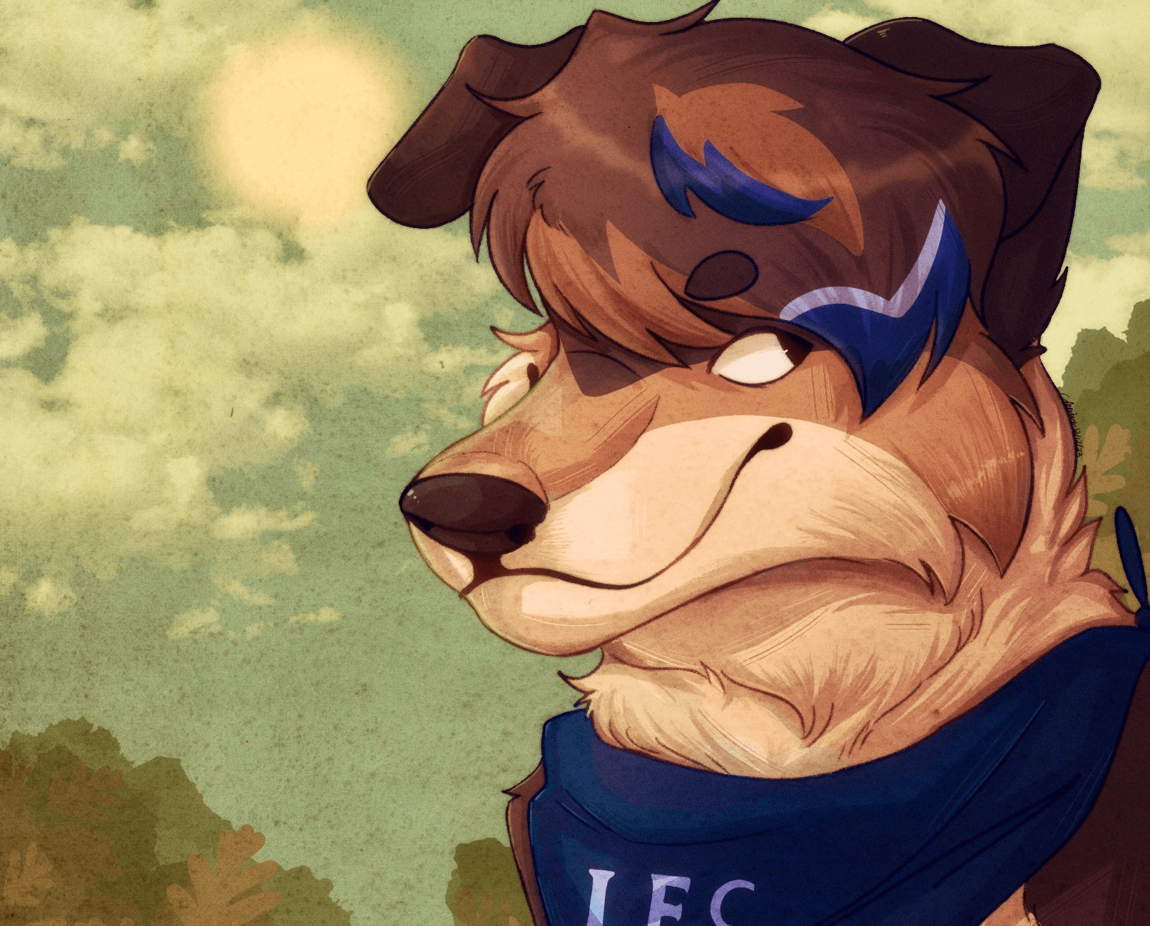 A side profile drawing of a brown dog with a blue bandana facing the right infront of a blue sky background