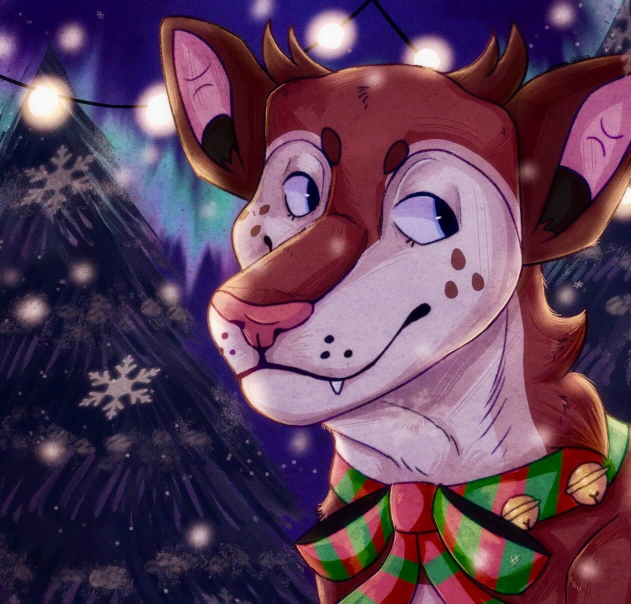 a 3/4th drawing of a brown and cream colored animal infront of a wintery background with trees at night as it begins to snow
